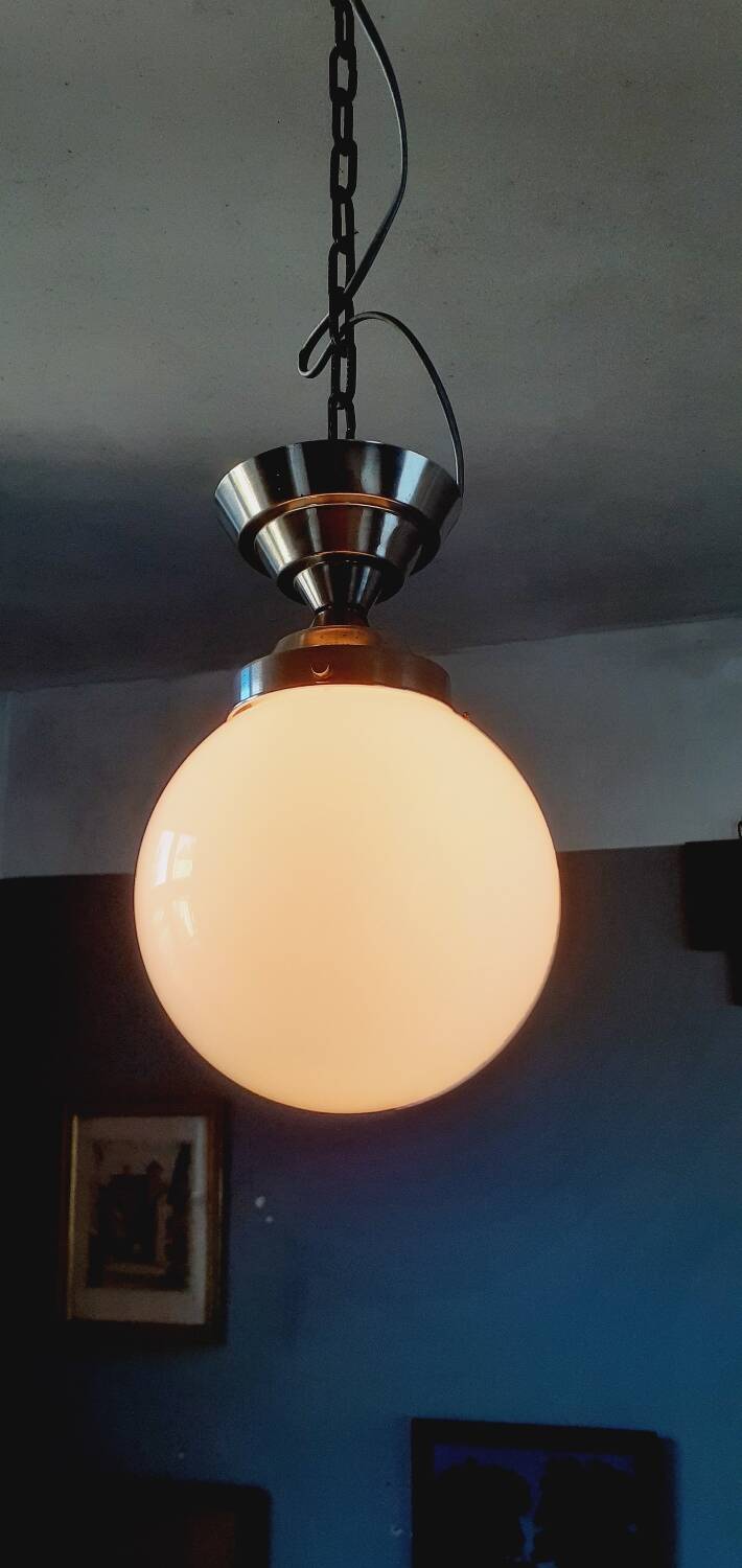 Art Deco ceiling light from the 40s in tinned metal and white opaline