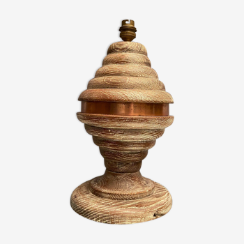 Pied de lampe vintage 1950-1960 en chêne cerusé avec cerclage en cuivre