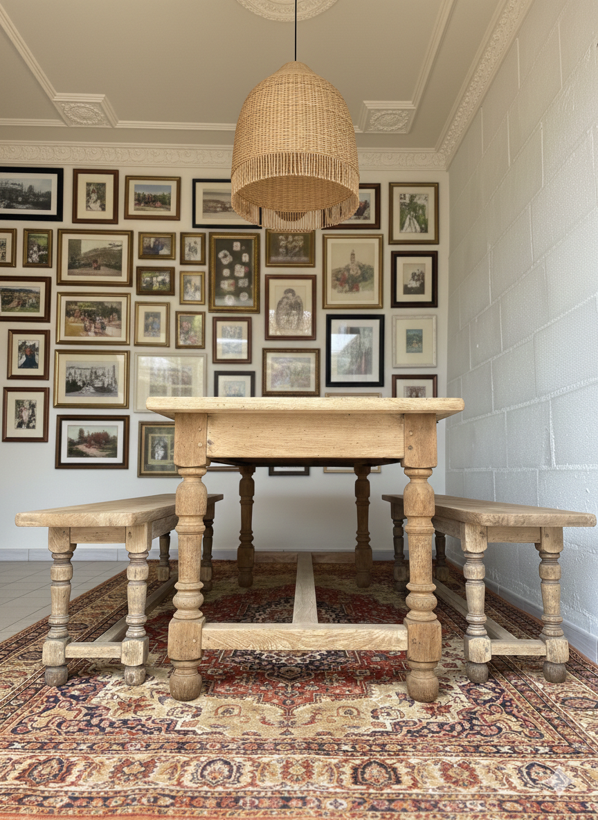 Farm table and its 2 solid oak benches.