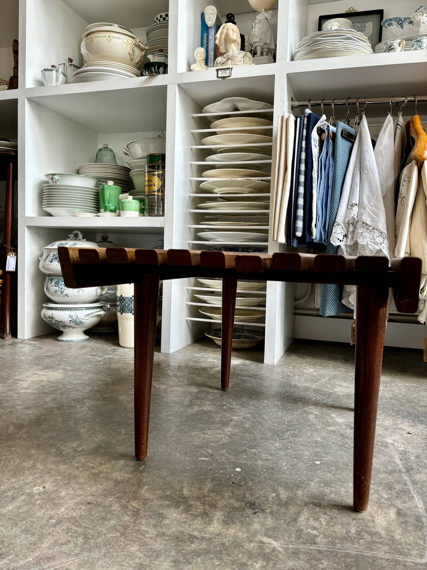 Coffee table, bench in dark laminated wood