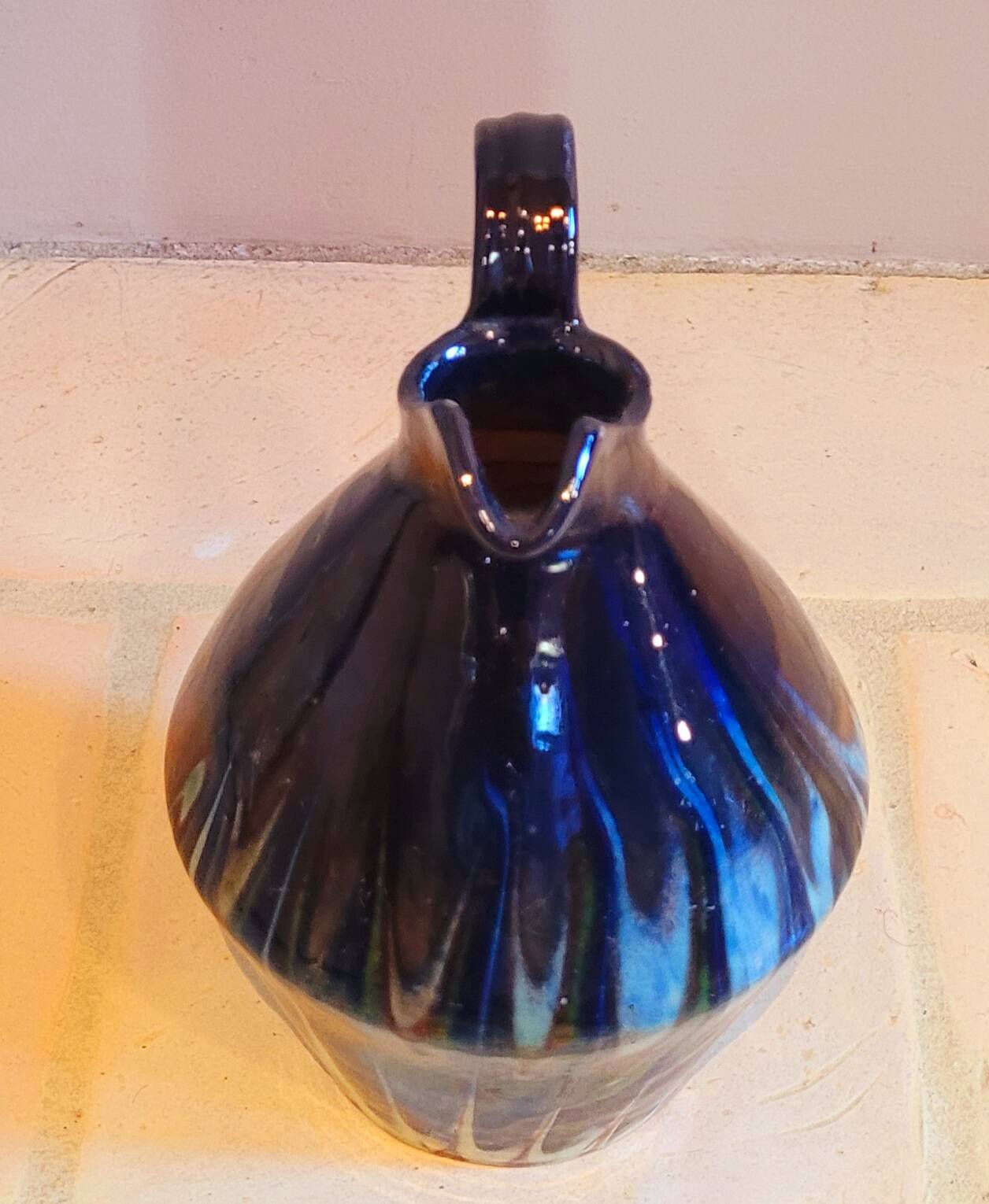 Antique pitcher carafe in midnight blue marbled ceramic