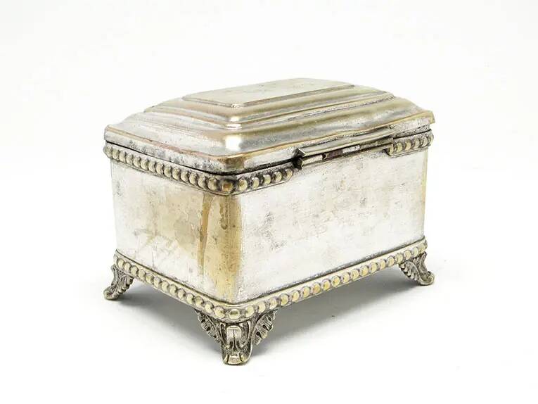 Eclectic sugar bowl, silver-plated brass, Bracia Buch, Poland, early 20th century