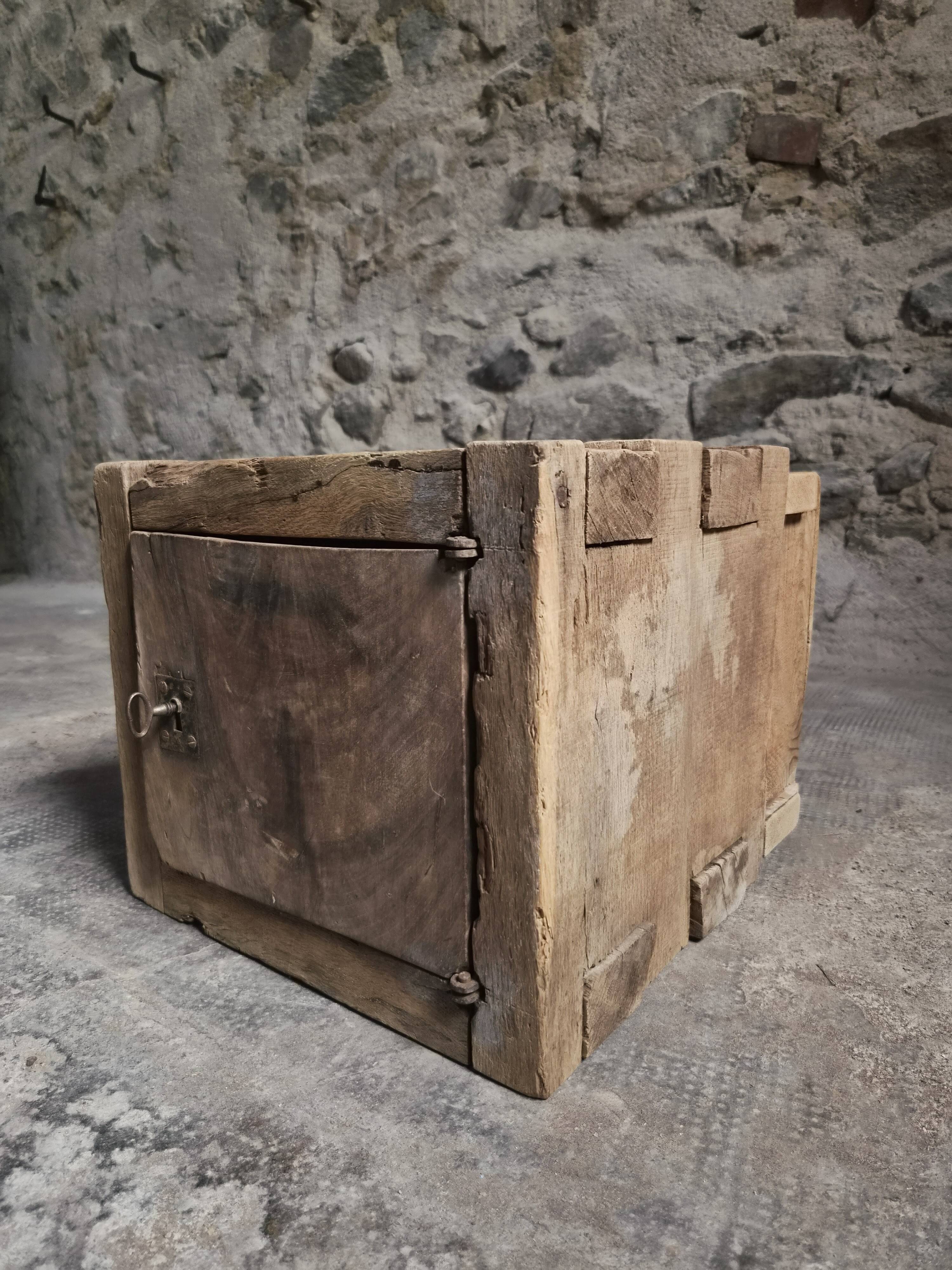 French antique oak safe, lockable rustic chest, circa 1750–1850.