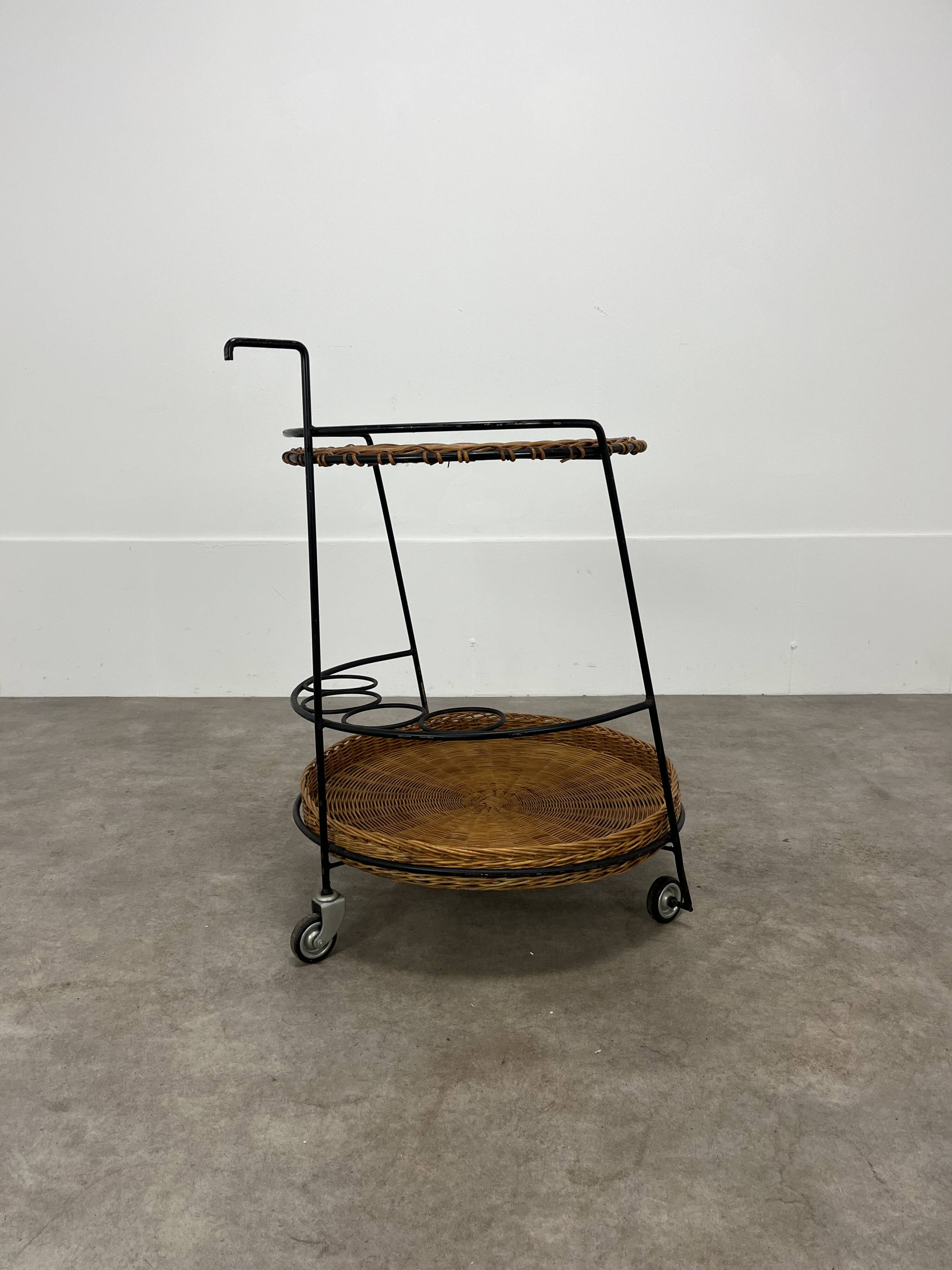 Raoul Guys style metal and rattan serving trolley from the 50s