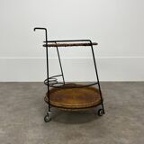 Raoul Guys style metal and rattan serving trolley from the 50s