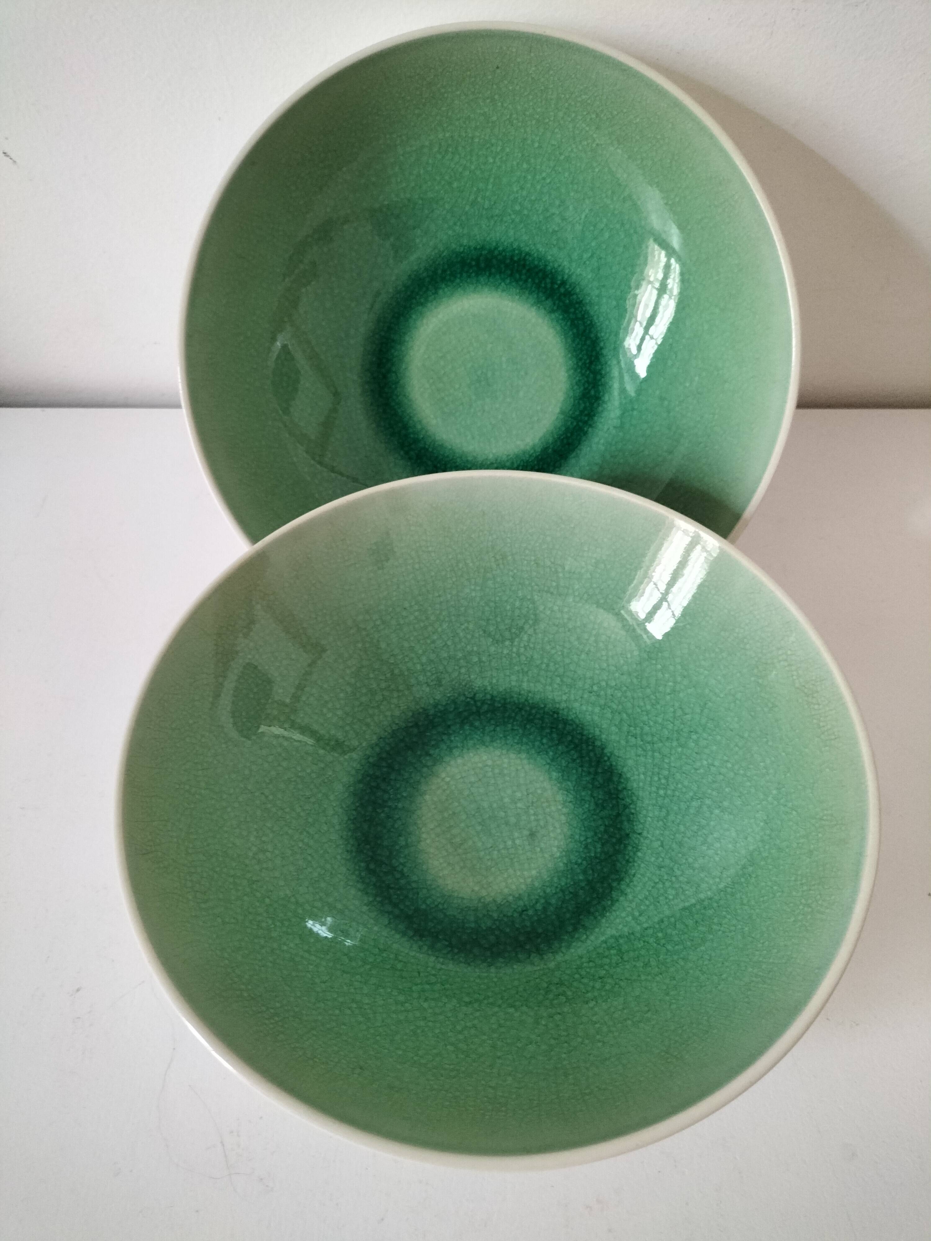 Duo of celadon crackle effect soup plates