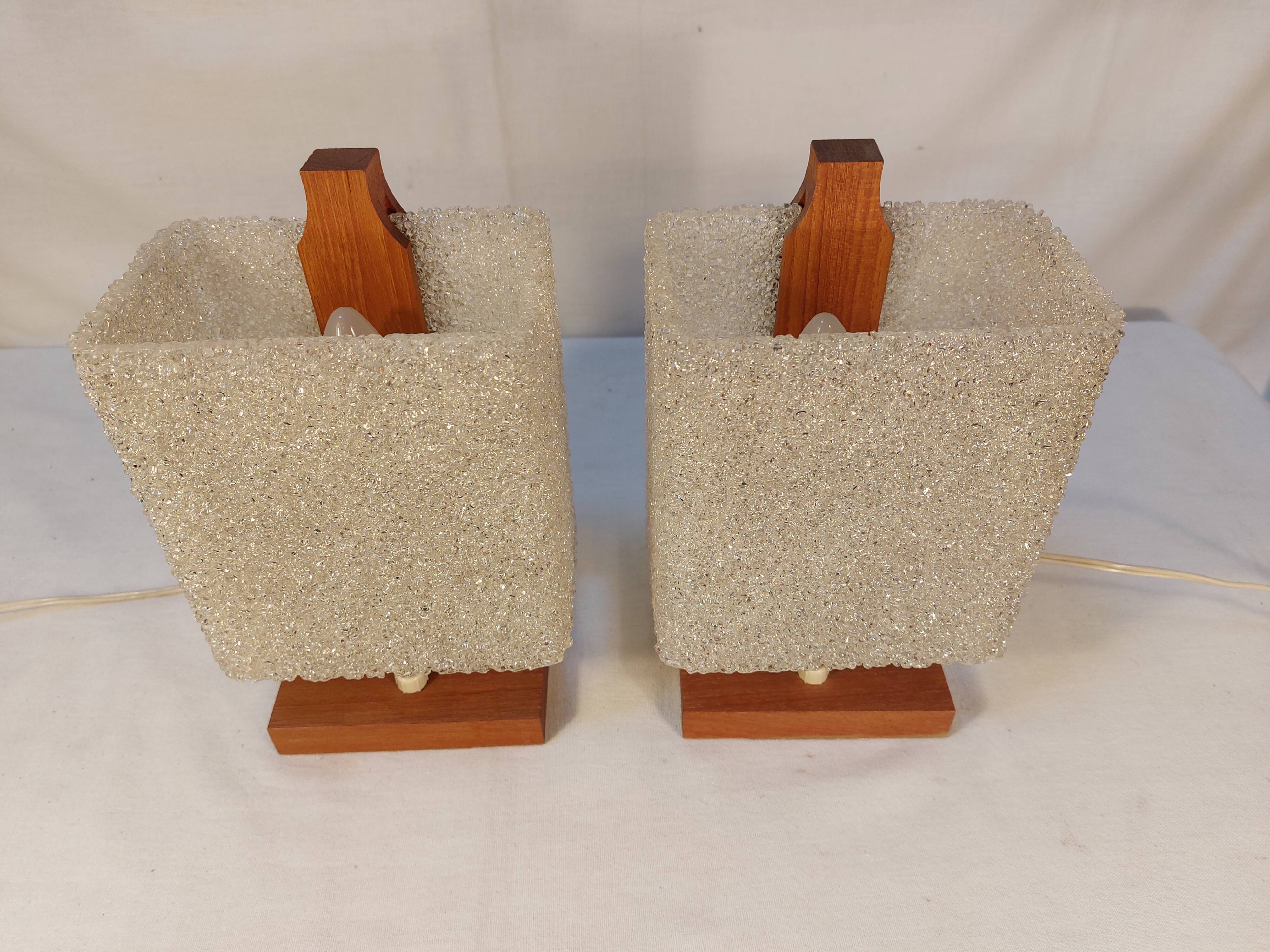 Pair of vintage Scandinavian table lamps in teak and Perspex