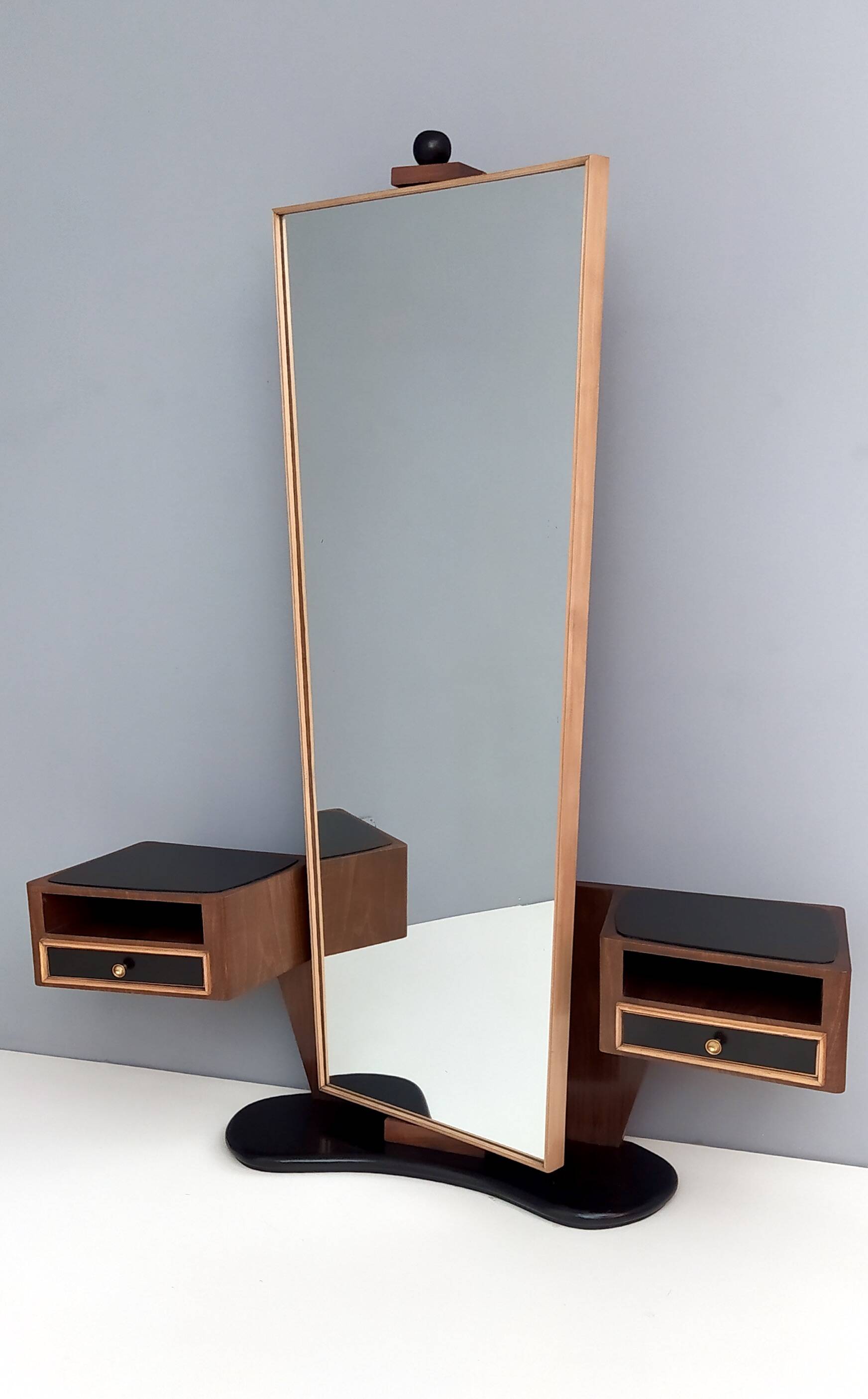 Wooden Entryway Mirror Organizer with Black Glass Tops, Italy