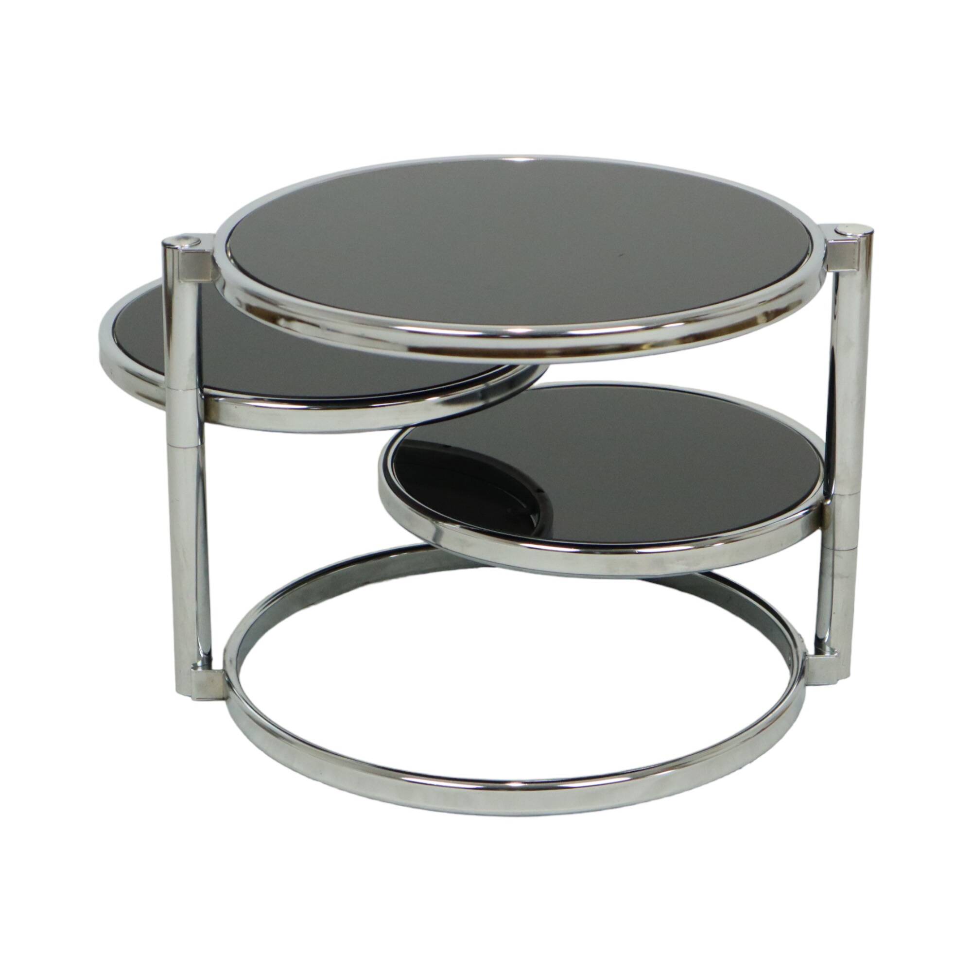 Round rotatable coffee table design black glass chrome 3 plateaus 1980s