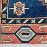 Tapis Vintage Géométrique Bleu et Rose Fait Main – Style Oriental,128x265Cm