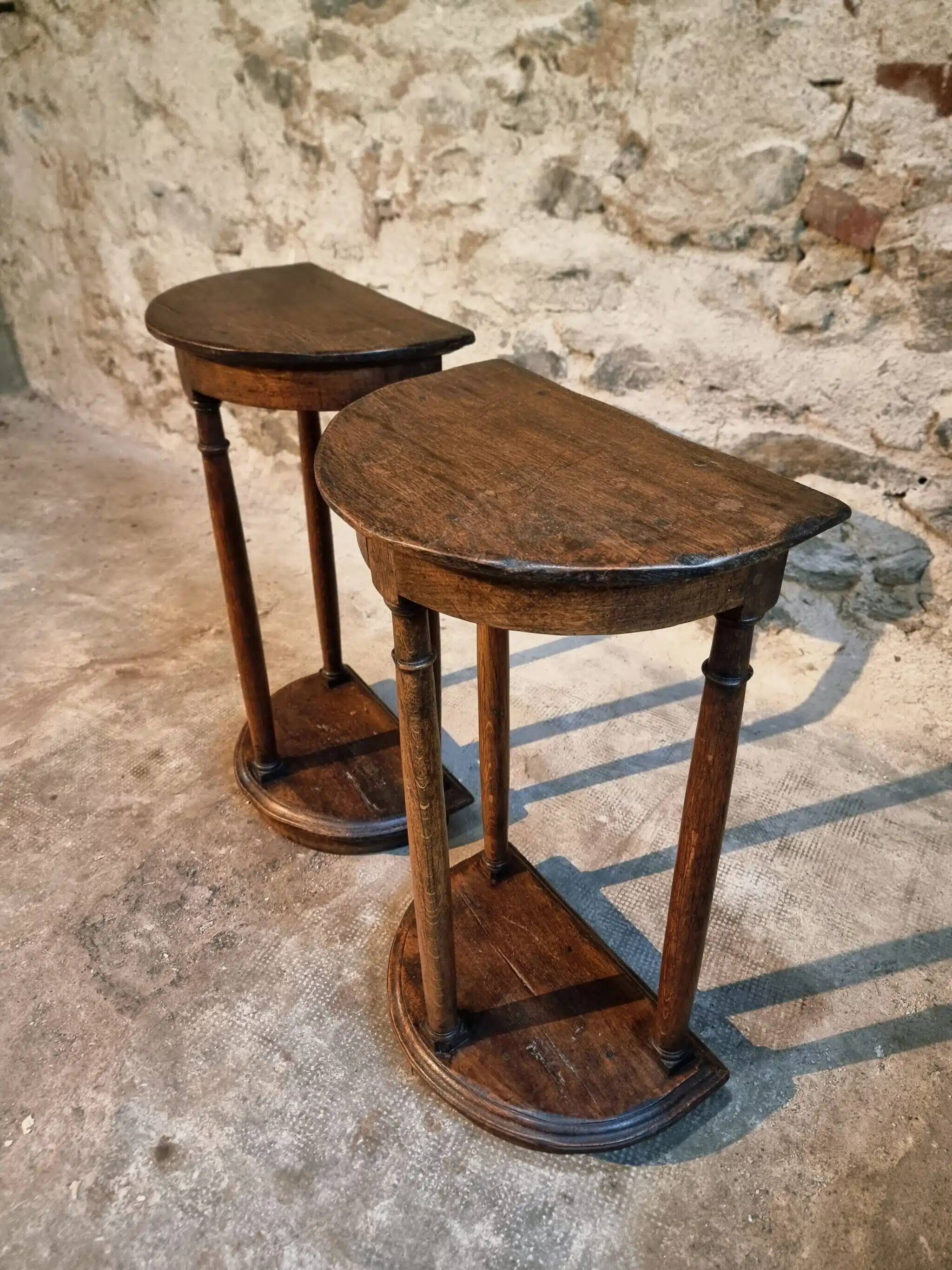Pair of antique solid wood half-moon side tables, 19th century