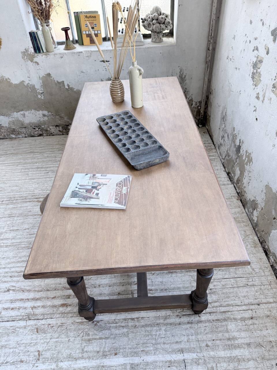 Farm table with turned legs, made of pine and birch, 180cm.