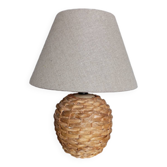 Water hyacinth table lamp, linen lampshade, vintage