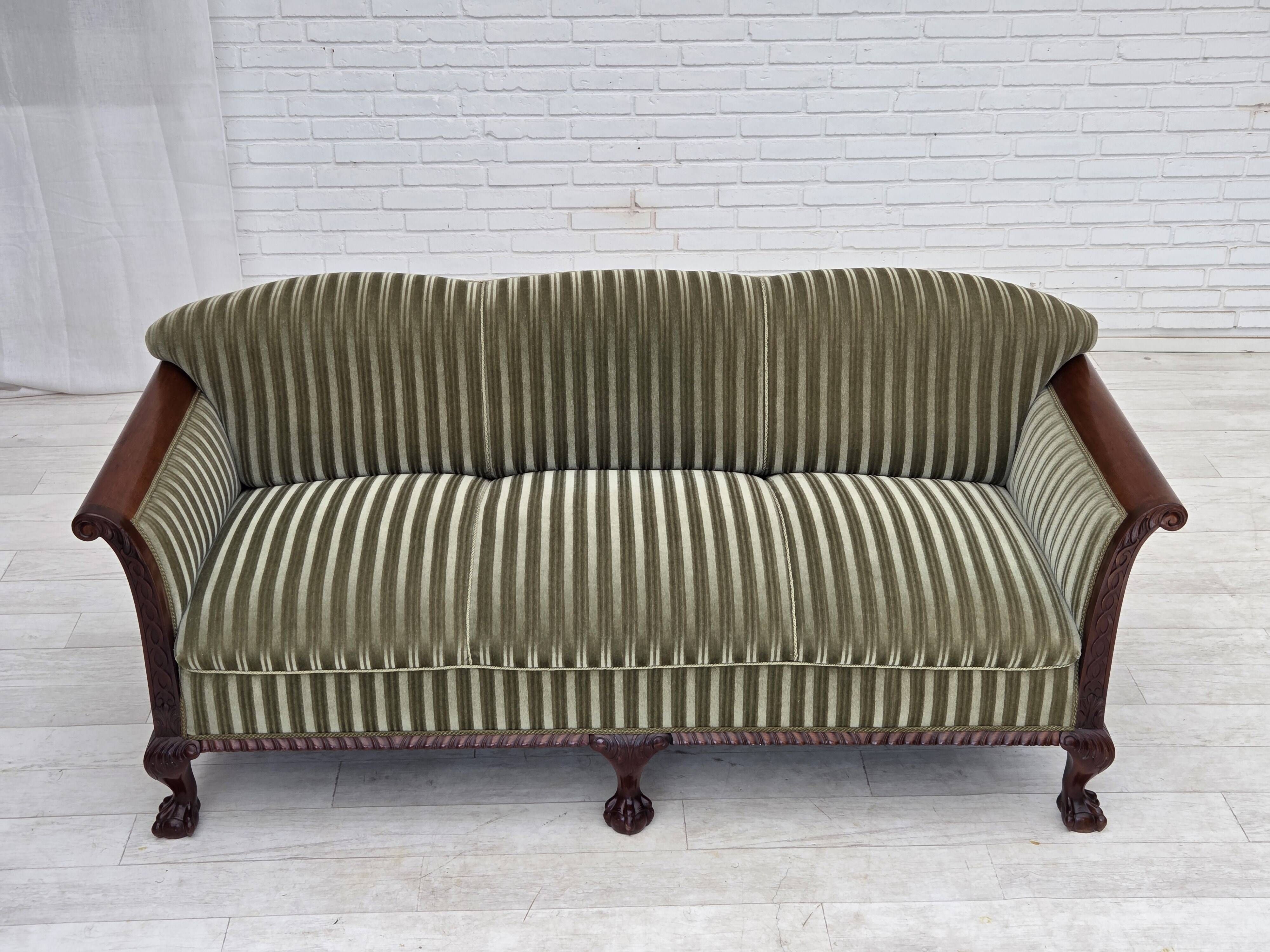 1950s, 3-seater Danish sofa, green furniture velour, teak wood.