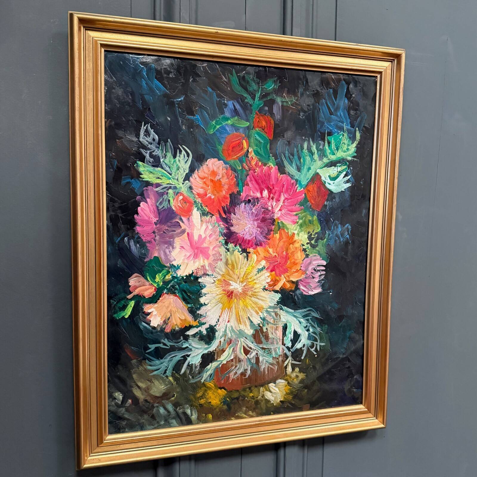 Oil on cardboard still life bouquet of flowers 1960