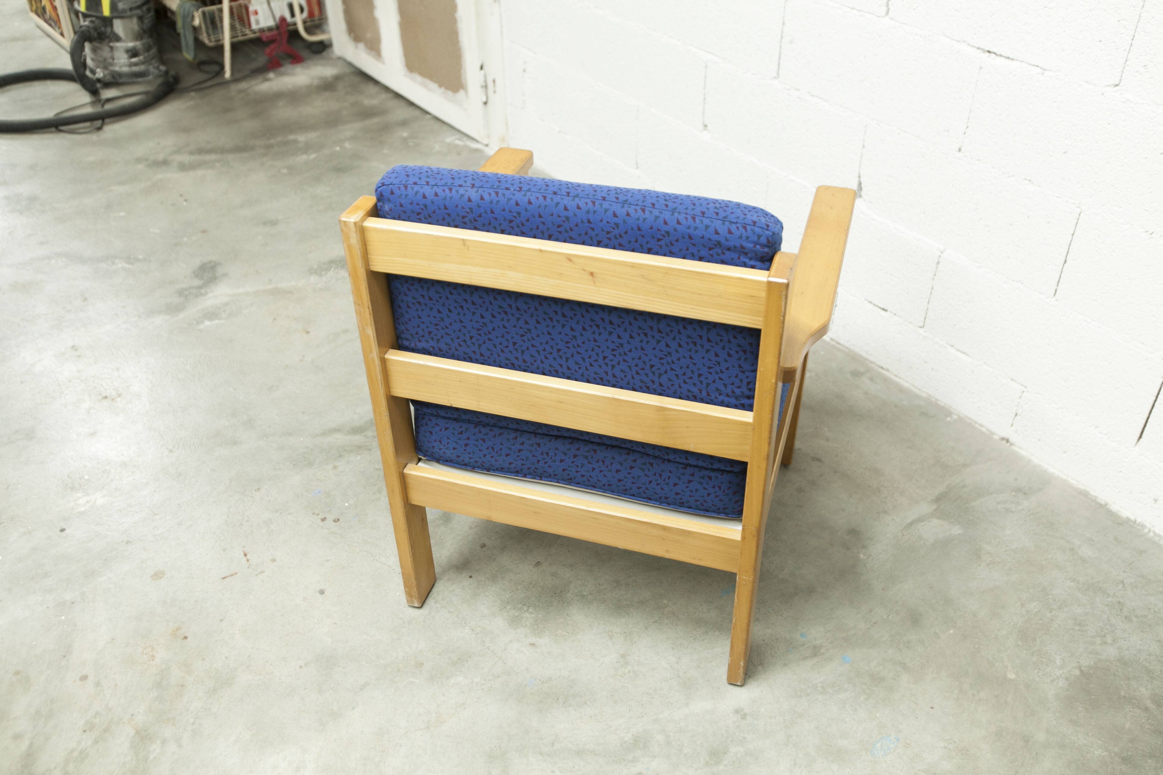 Comfortable 1980s blue and honey beech armchair