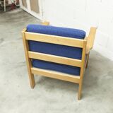Comfortable 1980s blue and honey beech armchair