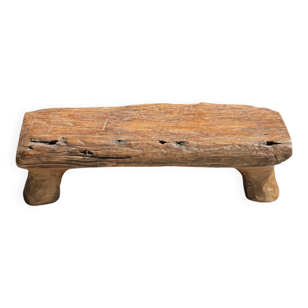 Petit tabouret, repose-pied en teck blond monoxyle organique coins coupés