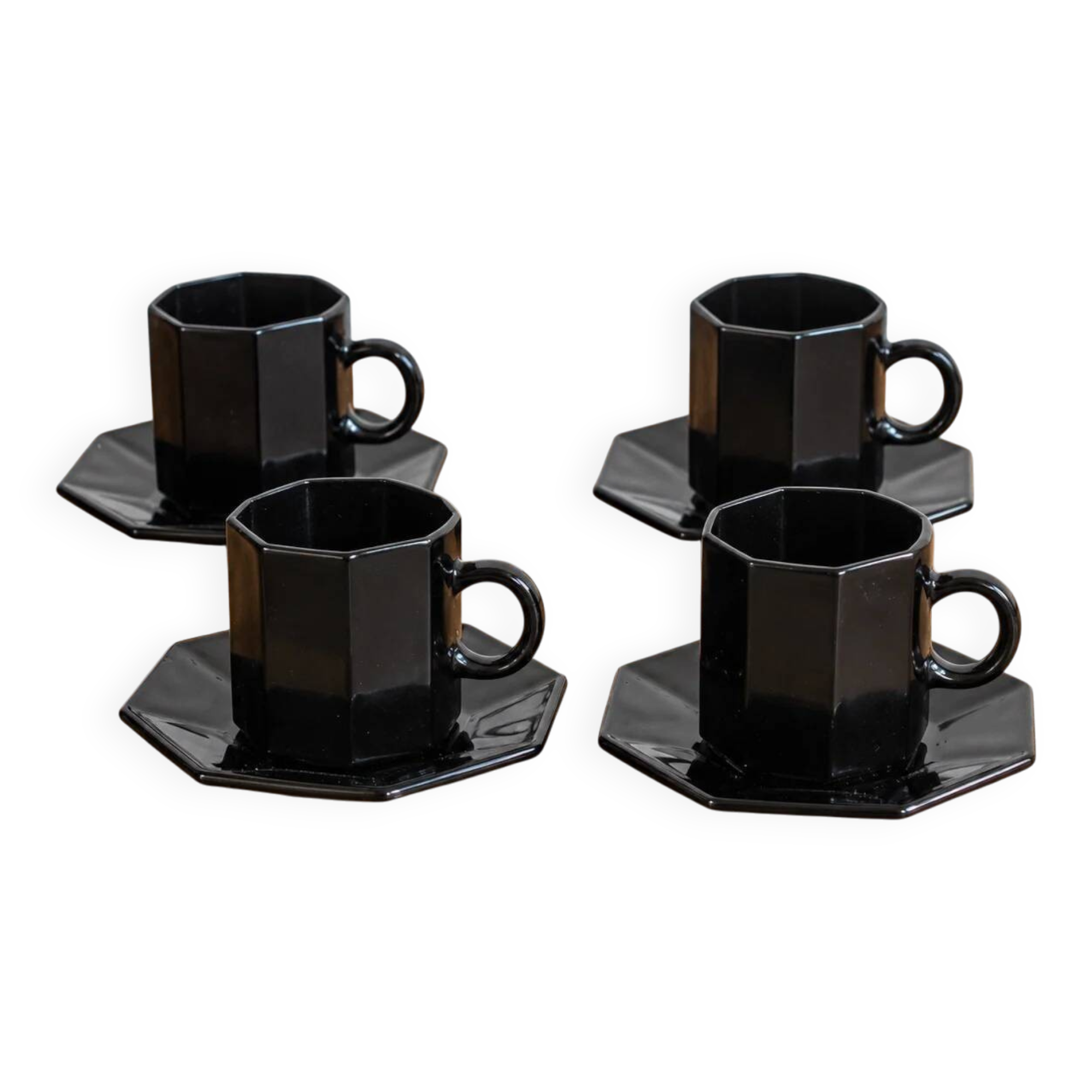 4 black coffee cups and saucers Arcoroc Octime – Esso vintage collection from the 1980s