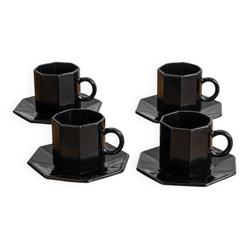 4 tasses à café et soucoupes noires Arcoroc Octime – Esso Collection années 80