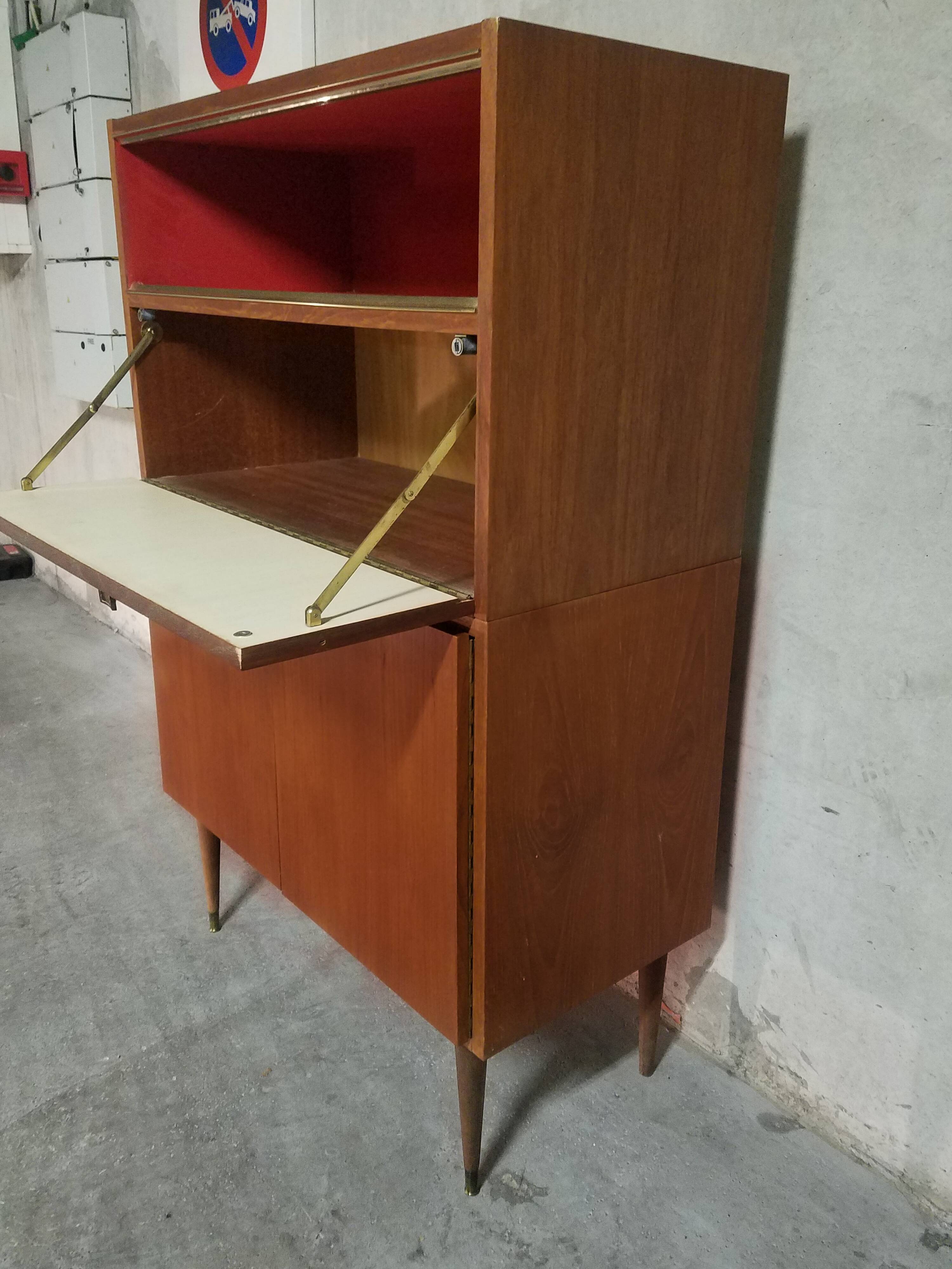Teak bar cabinet and teak veneer, saddle leather and brass handles
