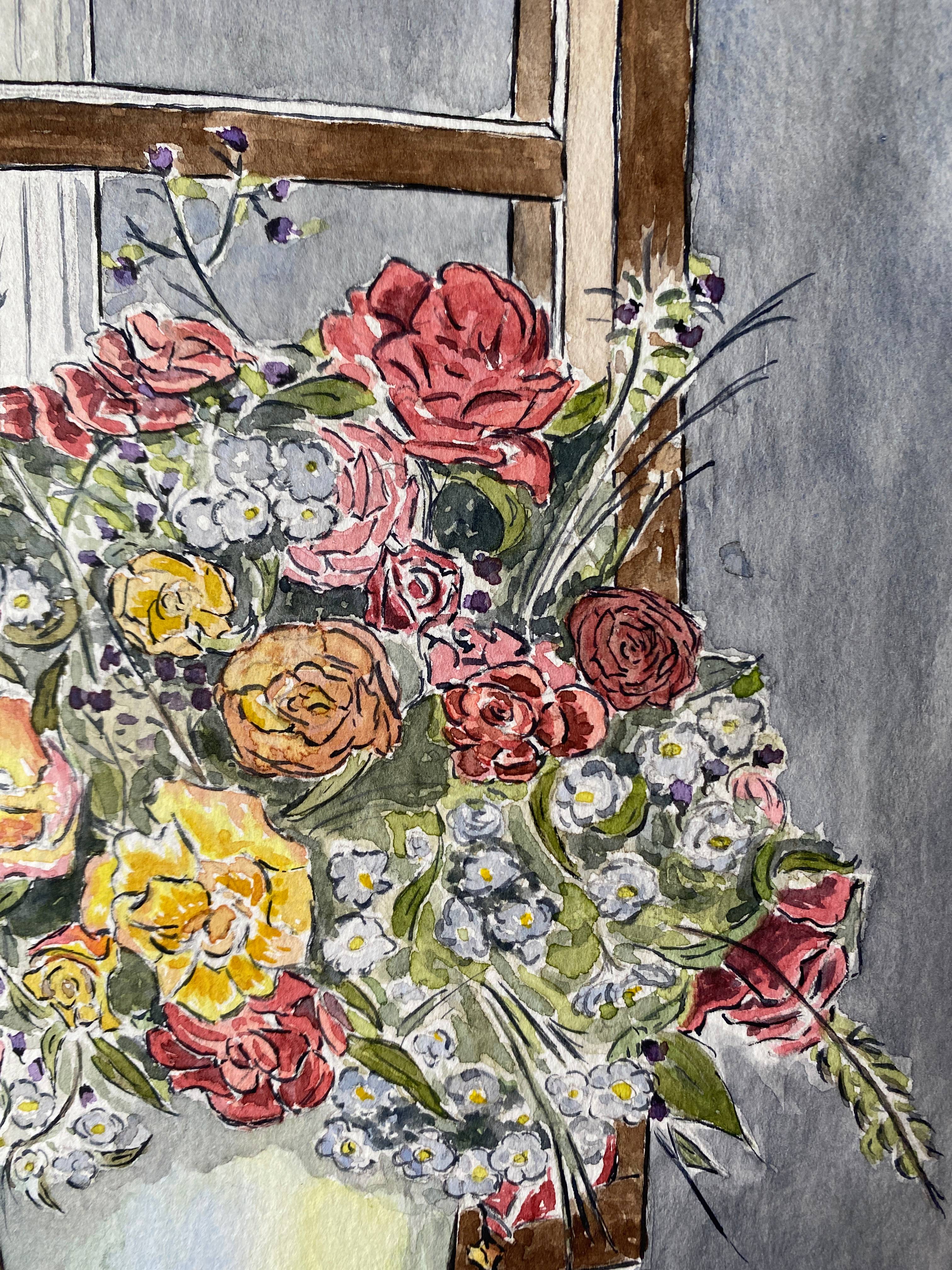 Watercolor painting "Bouquet of flowers on the window" + frame