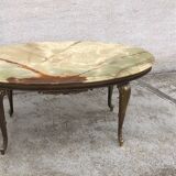 Table basse ovale vintage en onyx, marbre et laiton, 1950