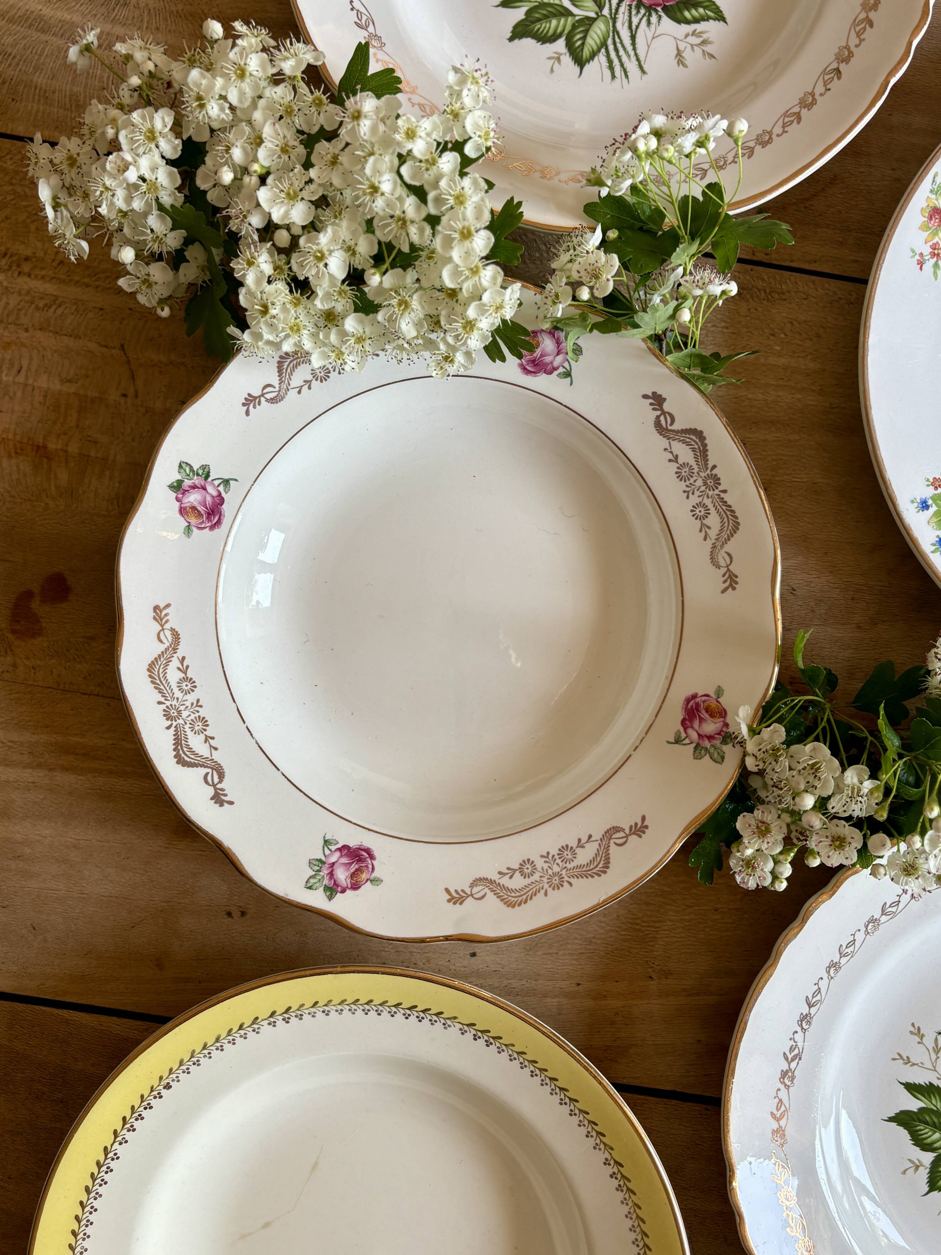 Set of 6 mismatched vintage soup plates