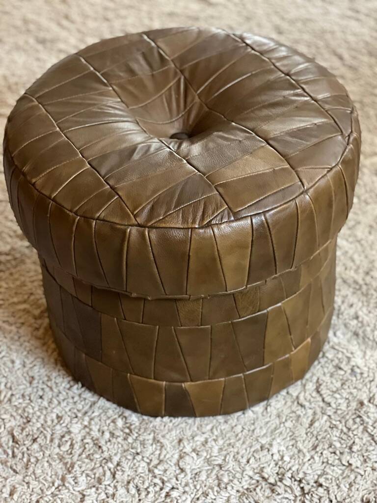 De Sede style khaki leather patchwork pouf / chest