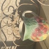 Pitcher, slurry carafe with fruit pattern, vintage glazed ceramic