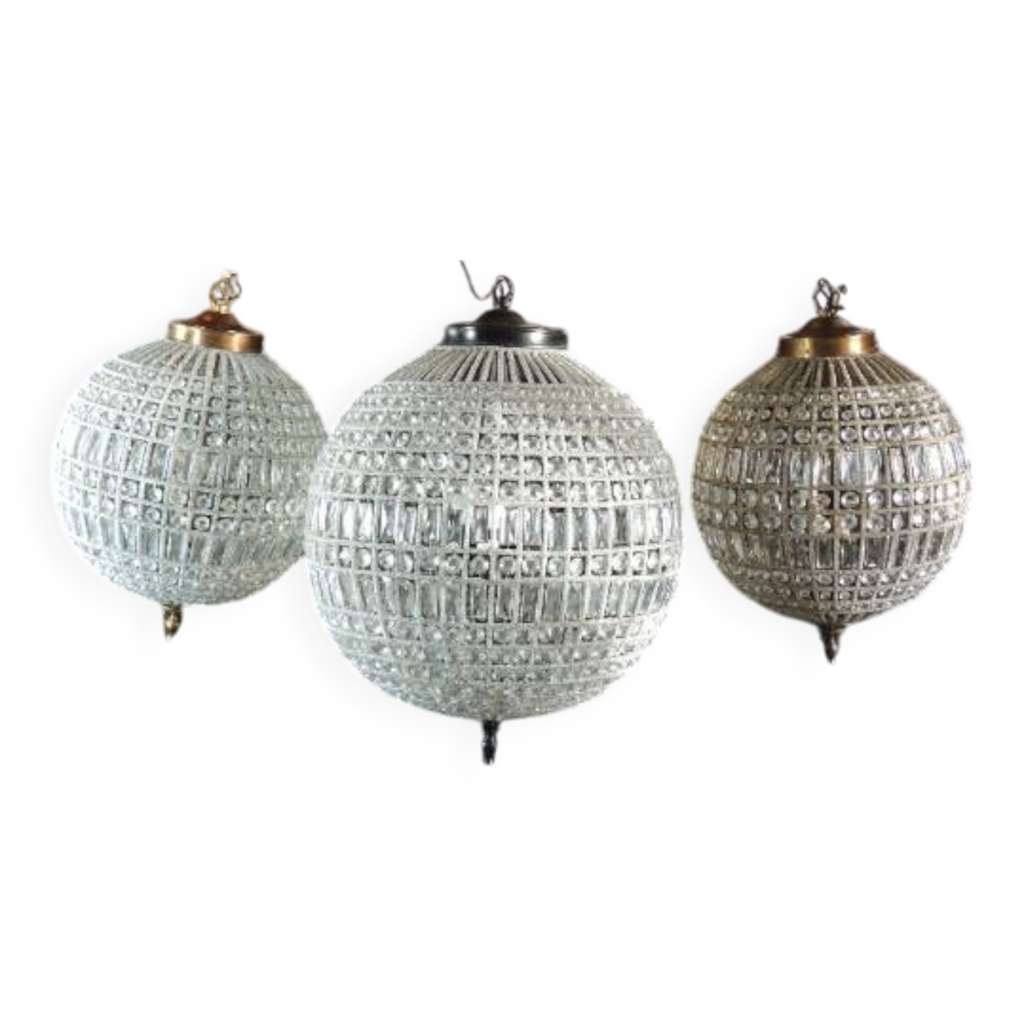 Spherical pendant light with crystal tassels and seed beads / vintage.