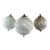 Spherical pendant light with crystal tassels and seed beads / vintage.
