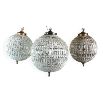 Spherical pendant light with crystal tassels and seed beads / vintage.