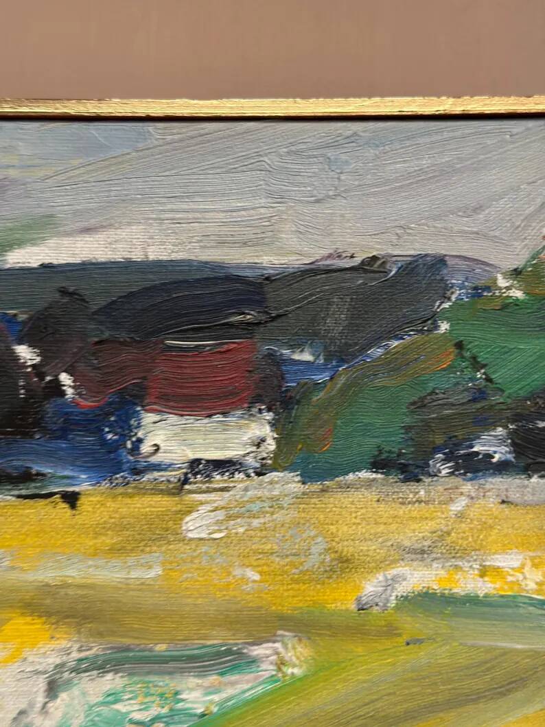 Original Swedish Oil on Canvas – “Houses” by T. Örn 1970 – Vintage & Framed