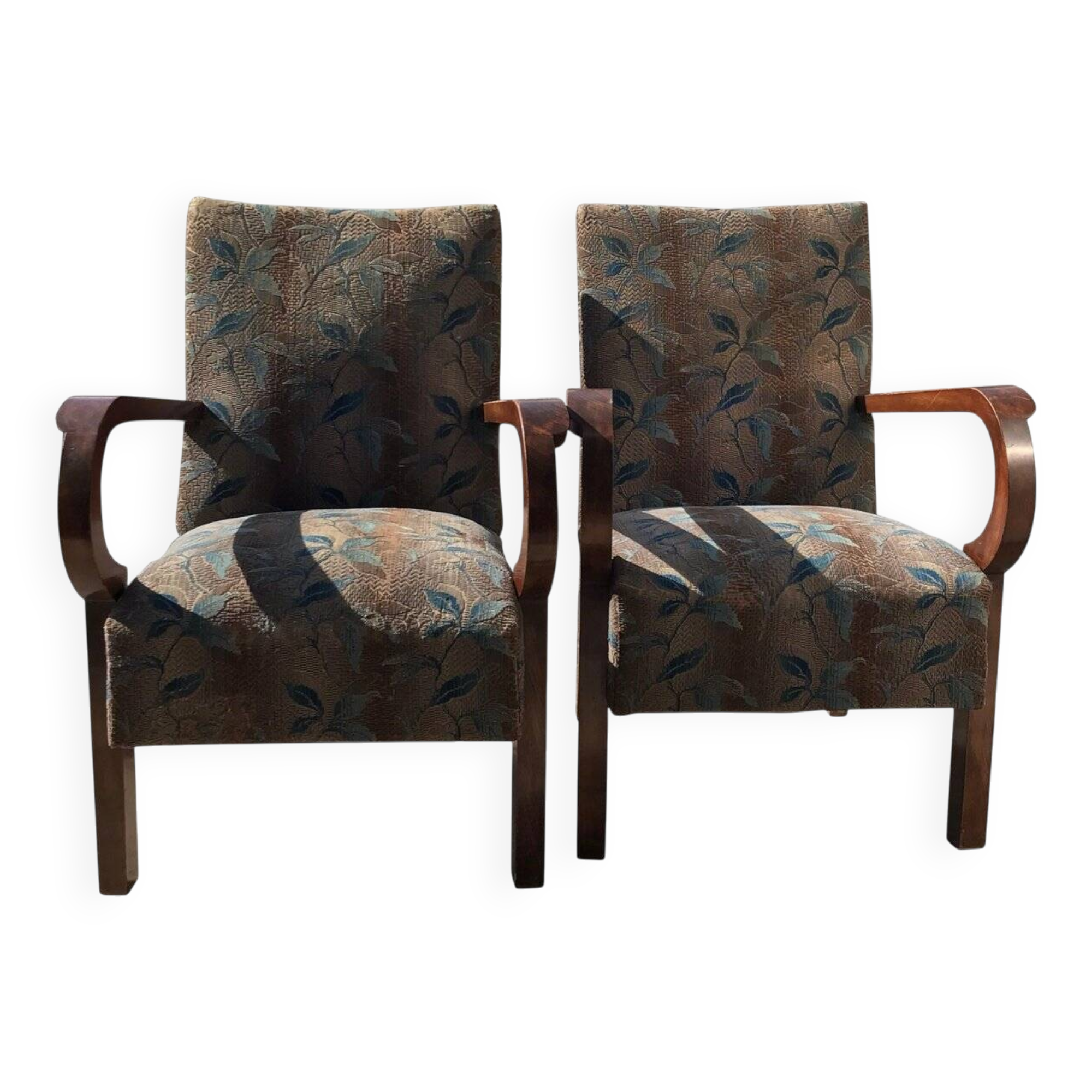 Paire de fauteuils Art Déco marron en noyer massif, tissu à motif multicolore, Budapest 1930s