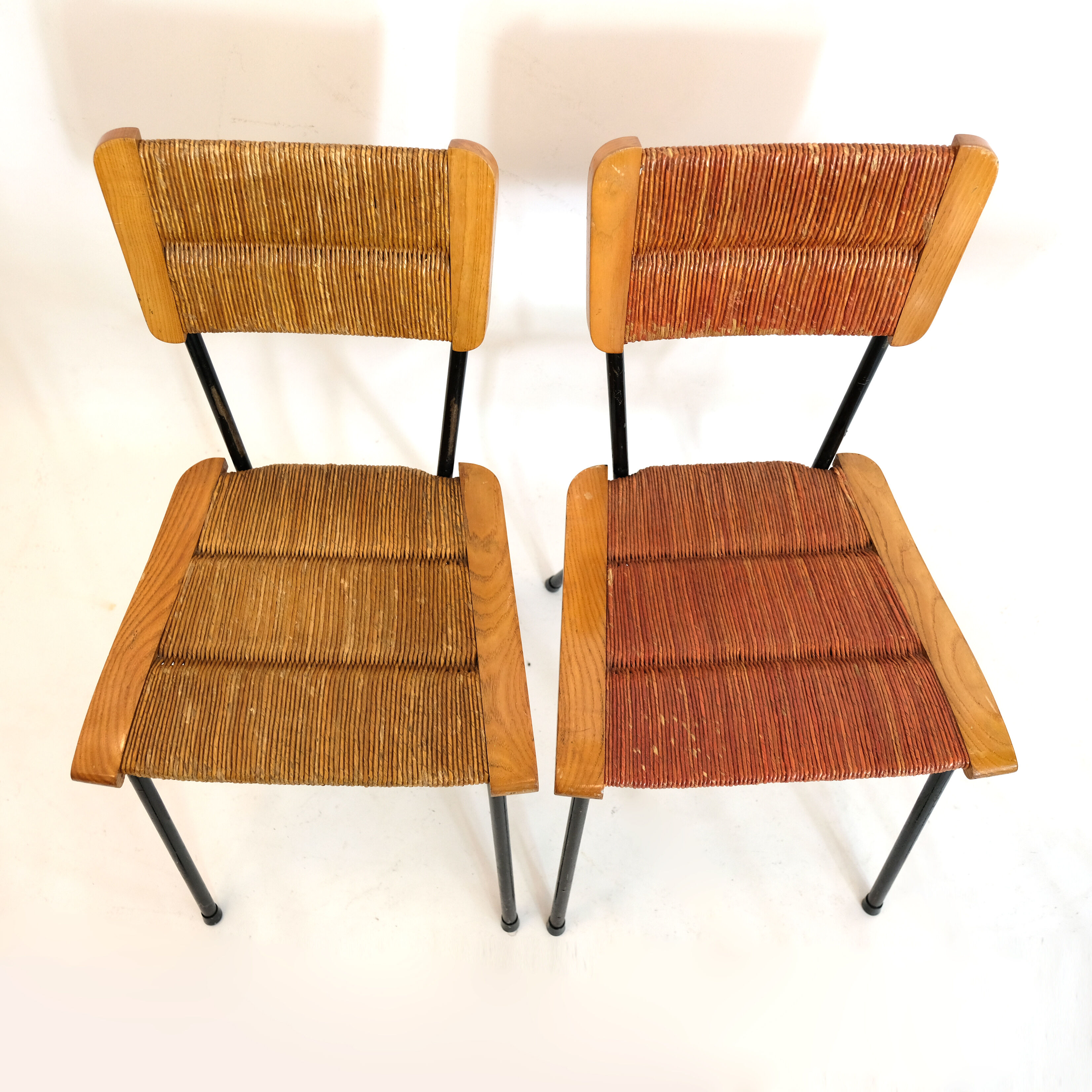Suite of 6 chairs, wood straw and metal from the 50s