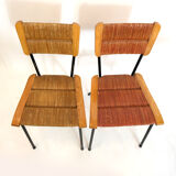 Suite of 6 chairs, wood straw and metal from the 50s