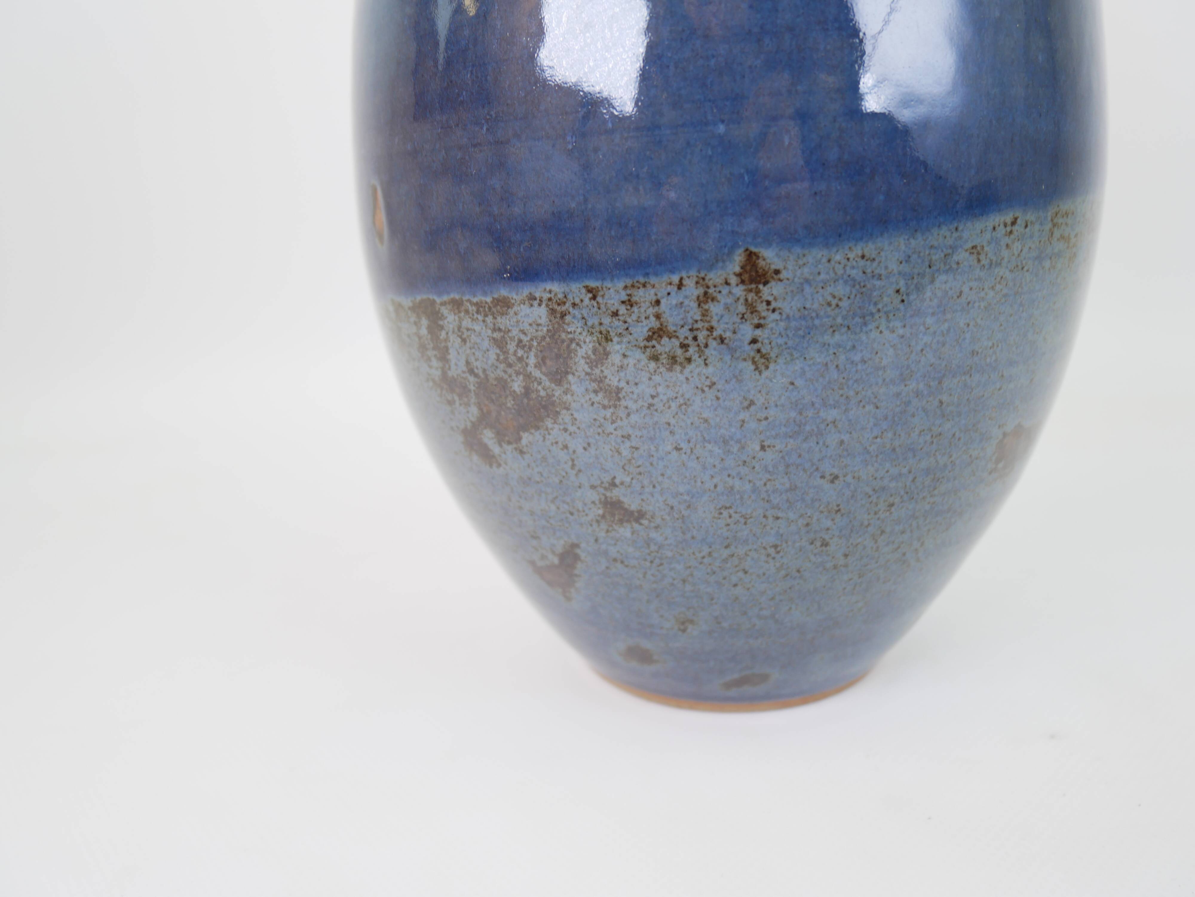 Large blue glazed ceramic vase signed under the base