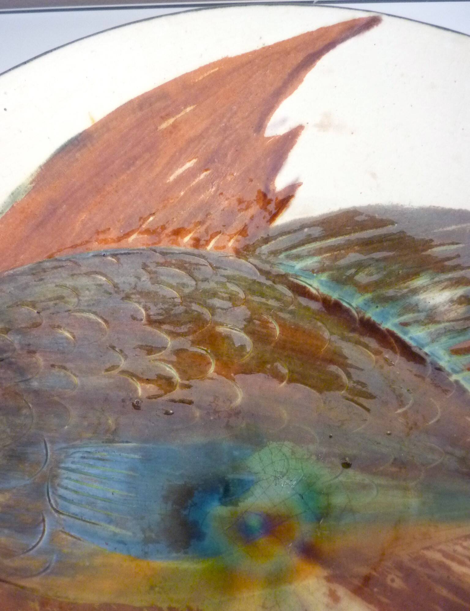 Ceramic dish, enameled terracotta, signed Puigdemont, 1960s, fish