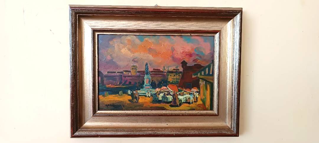 Oil on faesite, square with figures, gerolamo bolli (pisa 1933-2009)