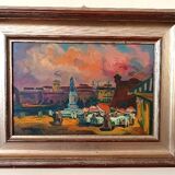 Oil on faesite, square with figures, gerolamo bolli (pisa 1933-2009)