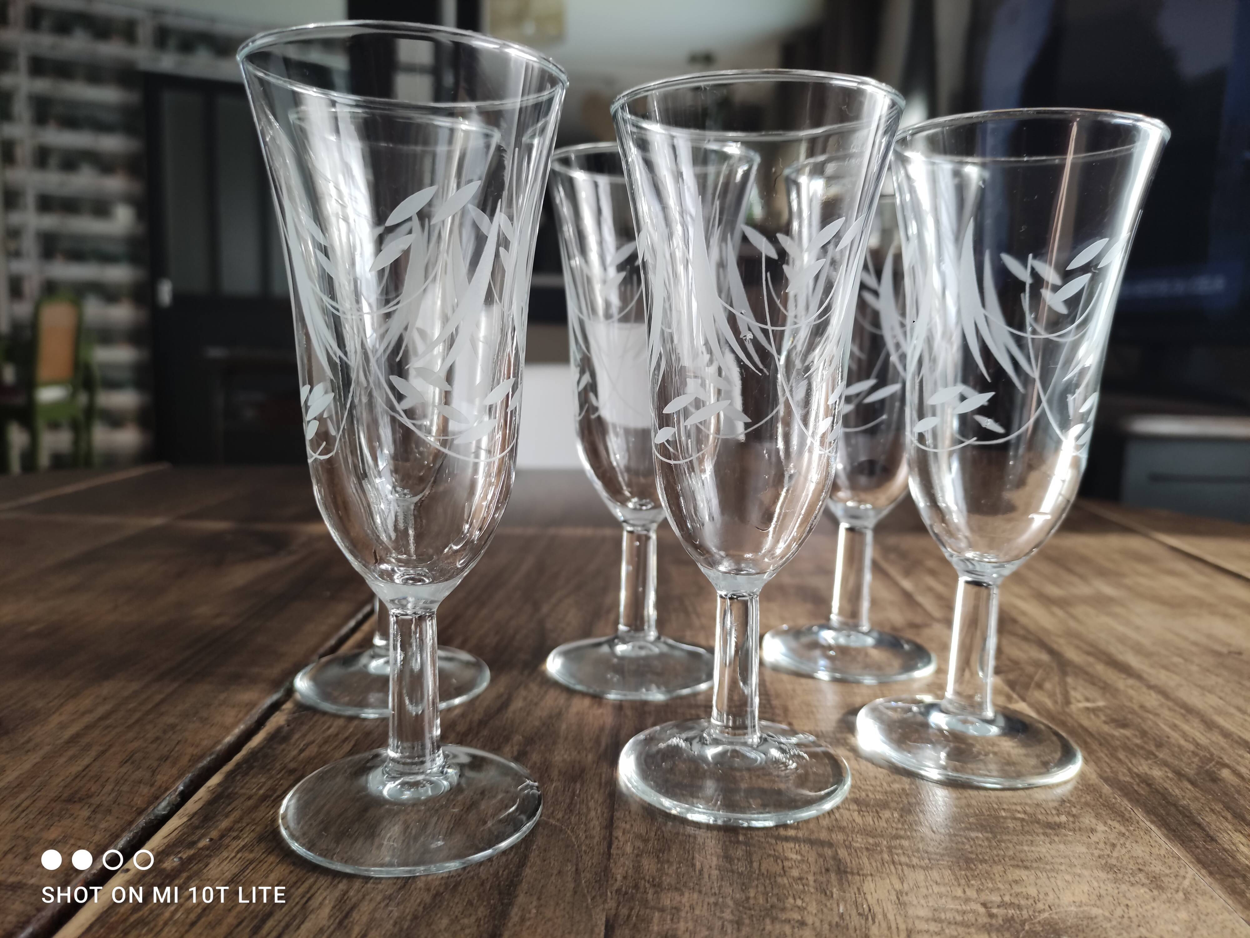 Lot de 6 flûtes à champagne vintage en verre gravé feuillage opaque