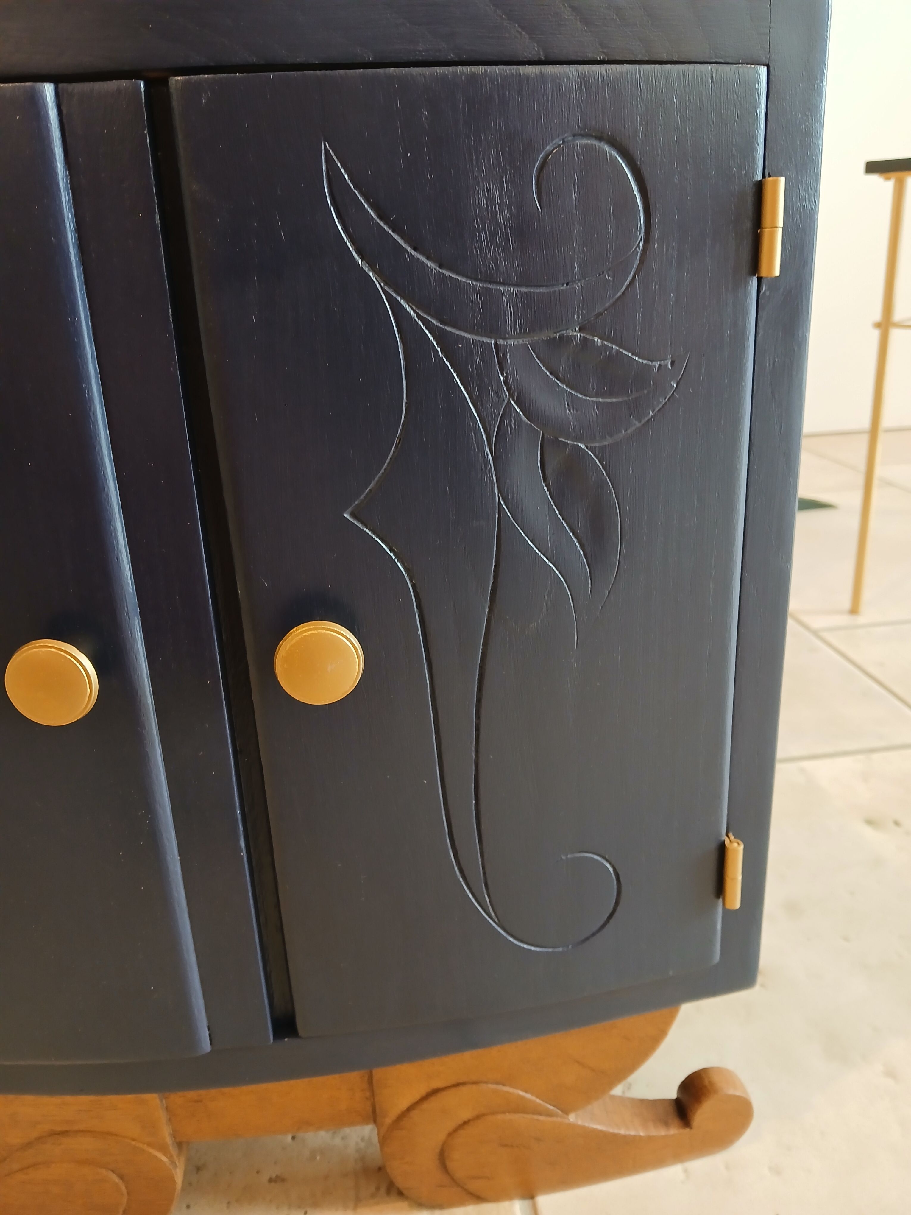 deep blue and wood refurbished bedside table