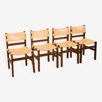 Set of 4 wooden and leather chairs by Maison Regain 70's