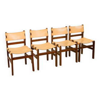 Ensemble de 4 chaises en bois et cuir par Maison Regain 70's