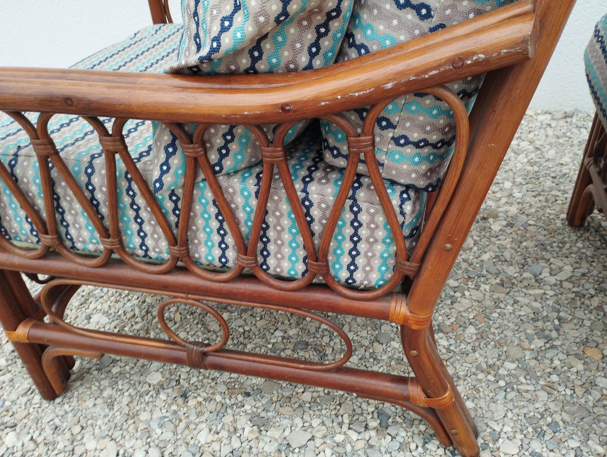 Pair of glacier blue rattan armchairs French Riviera vintage ép