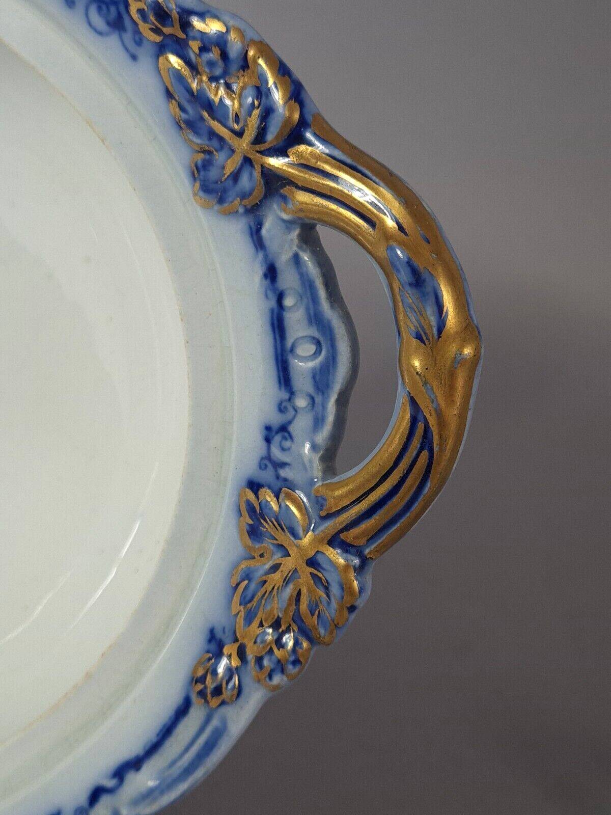 Beautiful covered tripod compote dish in blue and gold earthenware from the late 19th century SC