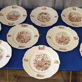 Suite of 9 flat plates in iron earth model burgundy longchamp decor hunting