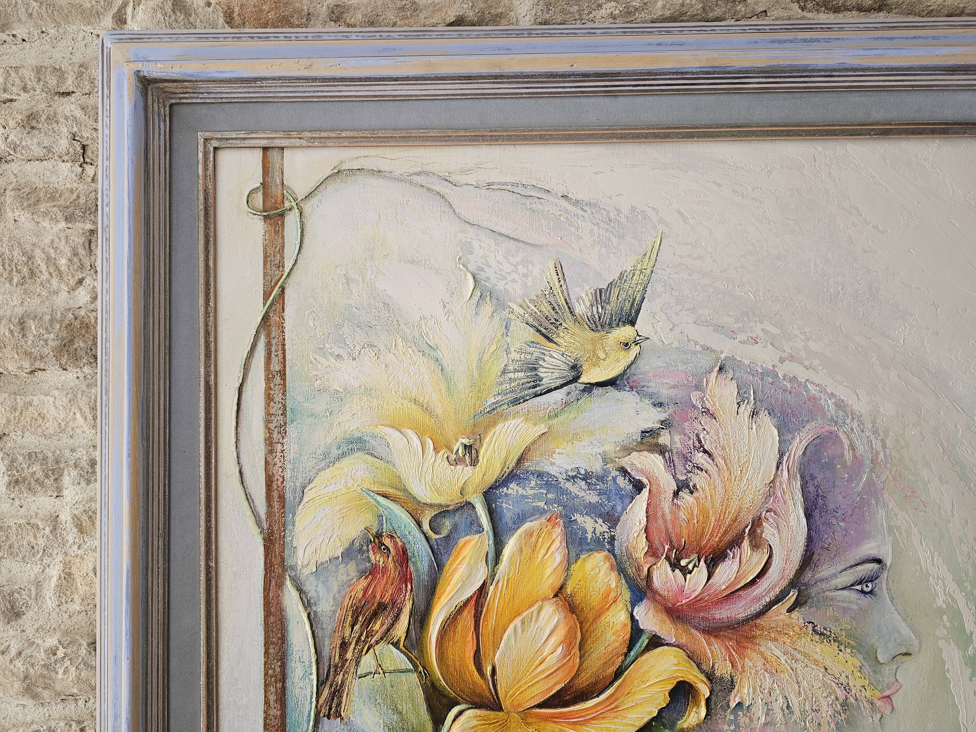 Tableau Huile sur Toile Onirique Profil féminin, fleurs, Oiseaux Michallon