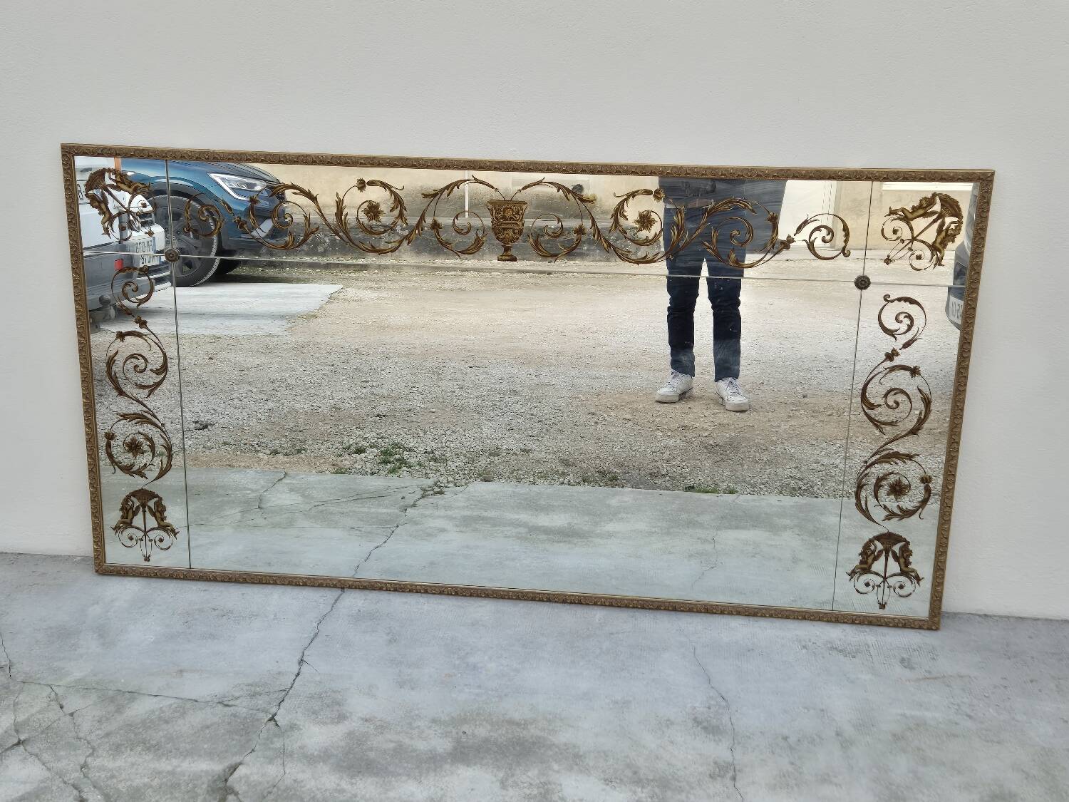 Antique gilded Venetian brasserie mirror in eglomised glass